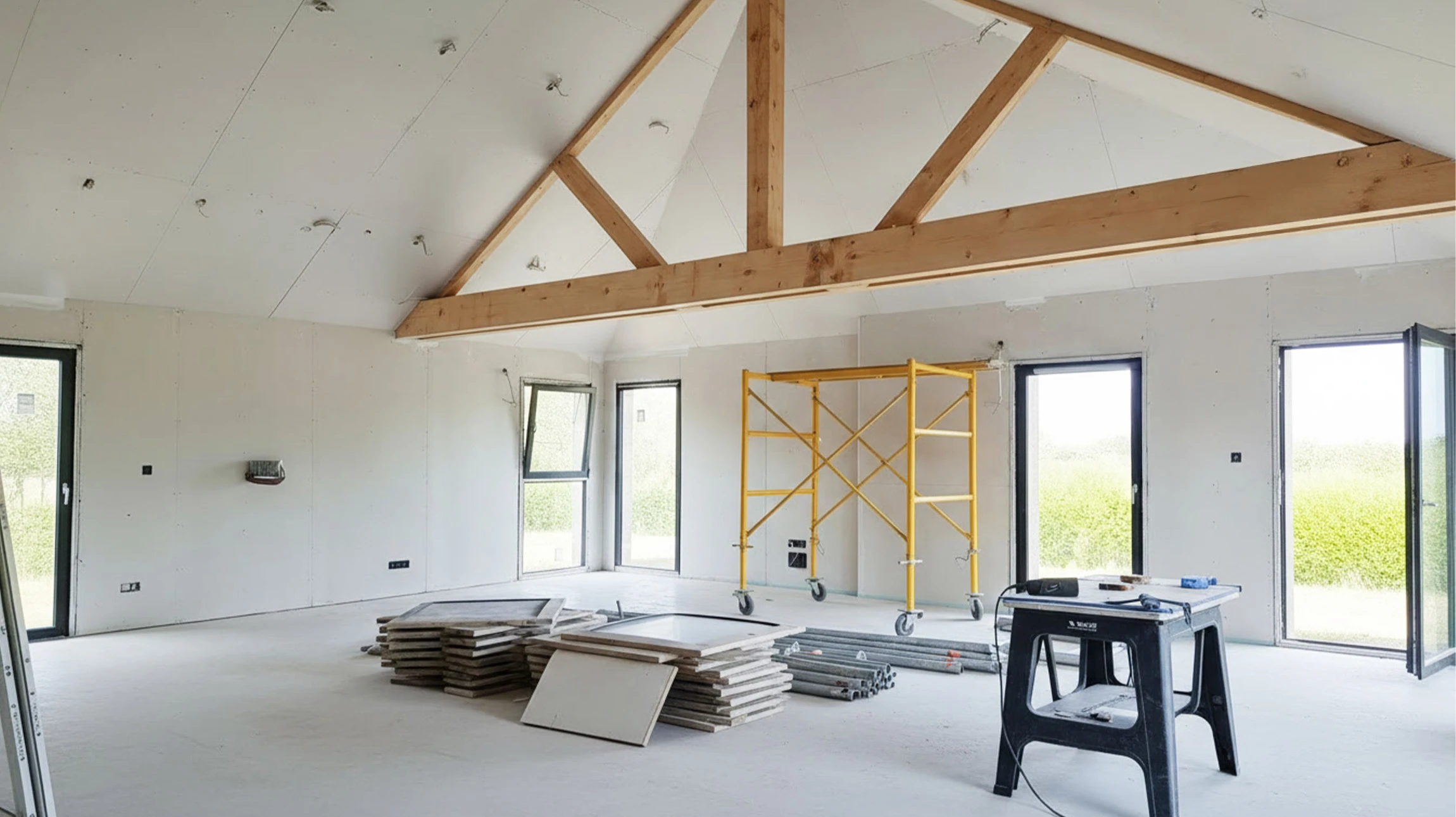 Chantier de construction isolant thermiquement le grenier avec laine de verre