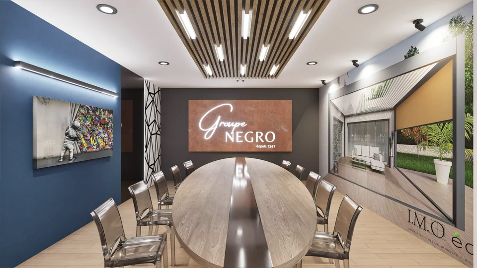 Espace de restauration d'entreprise moderne avec tables hautes et chaises, cuisine ouverte intégrée