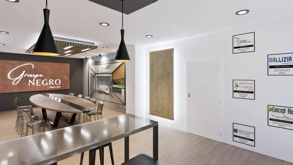 Espace de restauration d'entreprise moderne avec tables hautes et chaises, cuisine ouverte intégrée