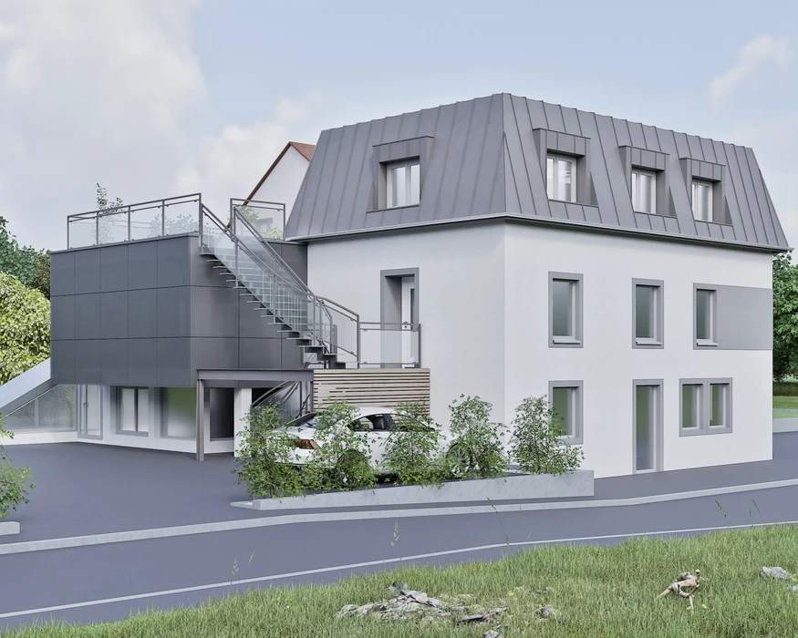 Espace de restauration d'entreprise moderne avec tables hautes et chaises, cuisine ouverte intégrée