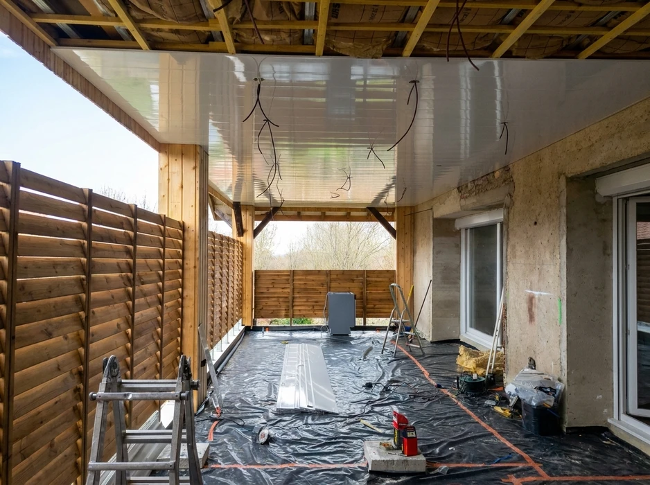 Intérieur résidentiel moderne avec mezzanine et escalier suspendu